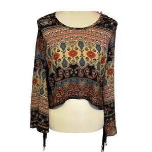 See You Monday women’s paisley print and black fringe sleeved blouse. Boho chic!